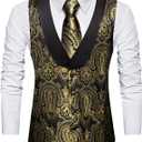 Barry.Wang Mens Silk Lapel/Shawl Collar Vest Tie Sleeve Holder Set Formal/Casual Paisley Vests Wedding Tuxedo Waistcoat (Black)