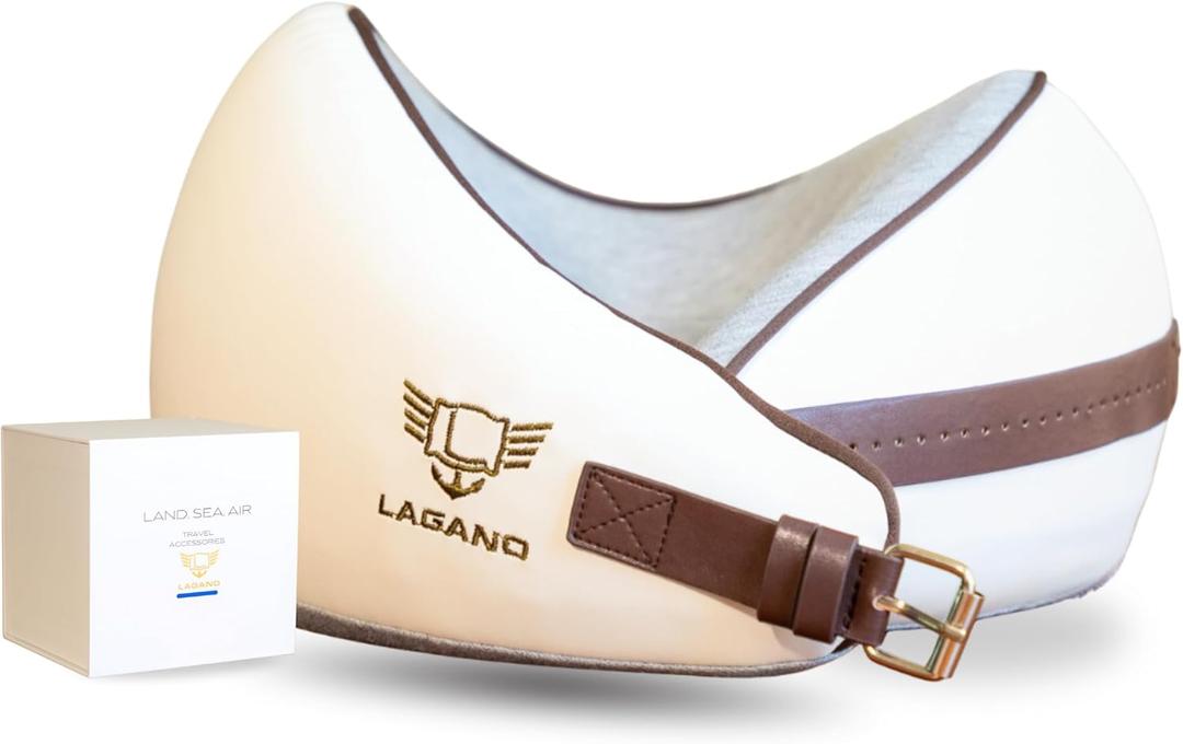 Lagano Softest Luxury Travel Pillow - Adjustable Easy to Clean Memory Foam Travel Neck Pillow - Ergonomic Airplane Travel Pillow - Best Airplane and Office Cervical Support Pillow (White and Brown)