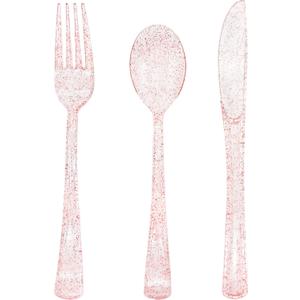150 Pack Pink Glitter Plastic Silverware Disposable, Baby Shower Cutlery, 50 Pink Forks, 50 Rose Gold Spoons, 50 Rose Gold Knives for Brithday, Wedding, Baby Shower