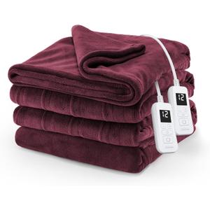 Sunbeam Electric Royal Luxe Microplush Heated Blanket, 12 Heat Settings, 12-Hour Auto Shut-Off, Fast Heating, Warm & Cozy, Machine Washable, Cabernet Color, Queen (90" x 84")