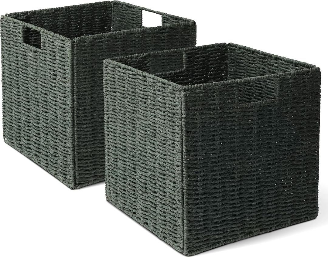 Set of 2 Hand-Woven Paper Rope Wicker Baskets, Storage Basket, Foldable Cube Storage Bins, Green Storage Cubes, Square Baskets for Organizing Shelves, 12x12x12in
