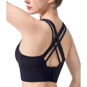Sports Bras for Women, Criss-Cross Back, Adjustable Wire-Free Medium Support Workout Bra with Removable Cups (Large, Coal Black)