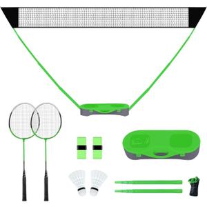 FBSPORT Badminton Set, Badminton Sets for Backyards, Portable Badminton Net Set with 2 Badminton Rackets 2 Shuttlecocks,10x5ft Net, Storage Base, Easy Setup for Backyard Combo Complete Badminton Set (Green)