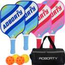 AOBORTY Pickleball Paddles 4 Pack - USAPA Light Graphite Premium Rackets Fiber Face & Polymer Honeycomb Core Pickleball Set with 4 Outdoor Indoor Balls Including Portable Carry Bag (Blue and Pink Striped Design)