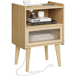 Nightstand with Charging Station, Bedside Tables with Glass Decorative Door, Natural End Table, Side Table with 2 Tiers Storage Space for Bedroom Living Room CAMLBZ07YE