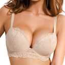 Crushnow Women's Push Up Lace Bra Padded Add 2 Cups Support Underwire Lift Up Deep V Bra for Women, Beige, 34C