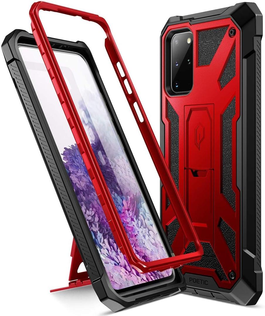 Poetic Spartan Series Designed for Galaxy S20+ Plus Case, Full-Body Rugged Dual-Layer Metallic Color Accent Premium Leather Texture Shockproof Protective Cover with Kickstand, Metallic Red