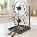 Pot Lid Holder, 2-Tier Countertop Rack with Grooved Drip Tray | Designed for compact kitchen counters where hot lids, drips, spoons, and spatulas need one organized landing spot