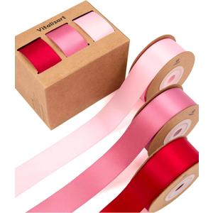 Vitalizart Ribbon for Gift Wrapping 1" x 30Yd Doubel Face Continuous Functional Satin Ribbon for Crafts Silk Like Fabric Flower Bouquet Birthday Party Decorations Bridal Shower Wreath Hair Pink & Red