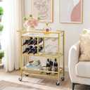 MAHANCRIS Bar Cart for Home, 3-Tier Serving Cart with Wheels and Handle, Beverage Cart with Wine Rack and Glass Holders, Rolling Wine Cart for Kitchen, Dining Room, Gold and White RCJM6101, 24.8''L x 11''W x 32''H