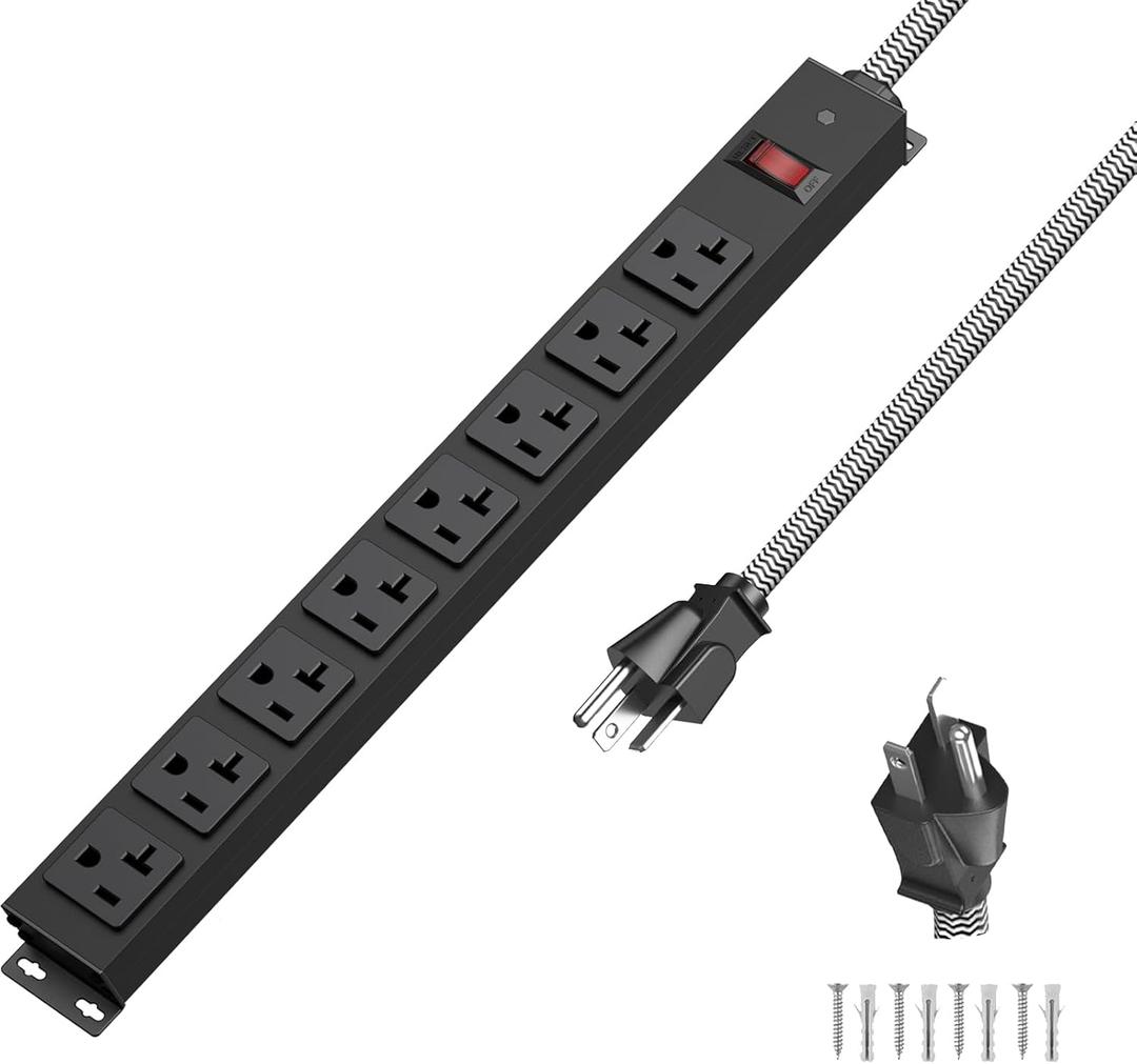 20 Amp Power Strip Heavy Duty, 12 Gauge Extension Cord for Appliance Workbench Garage Industrial, Metal 8 Outlets Combine with T-Plug Adapter 5-20R T-Slot, 1200J Surge Protector