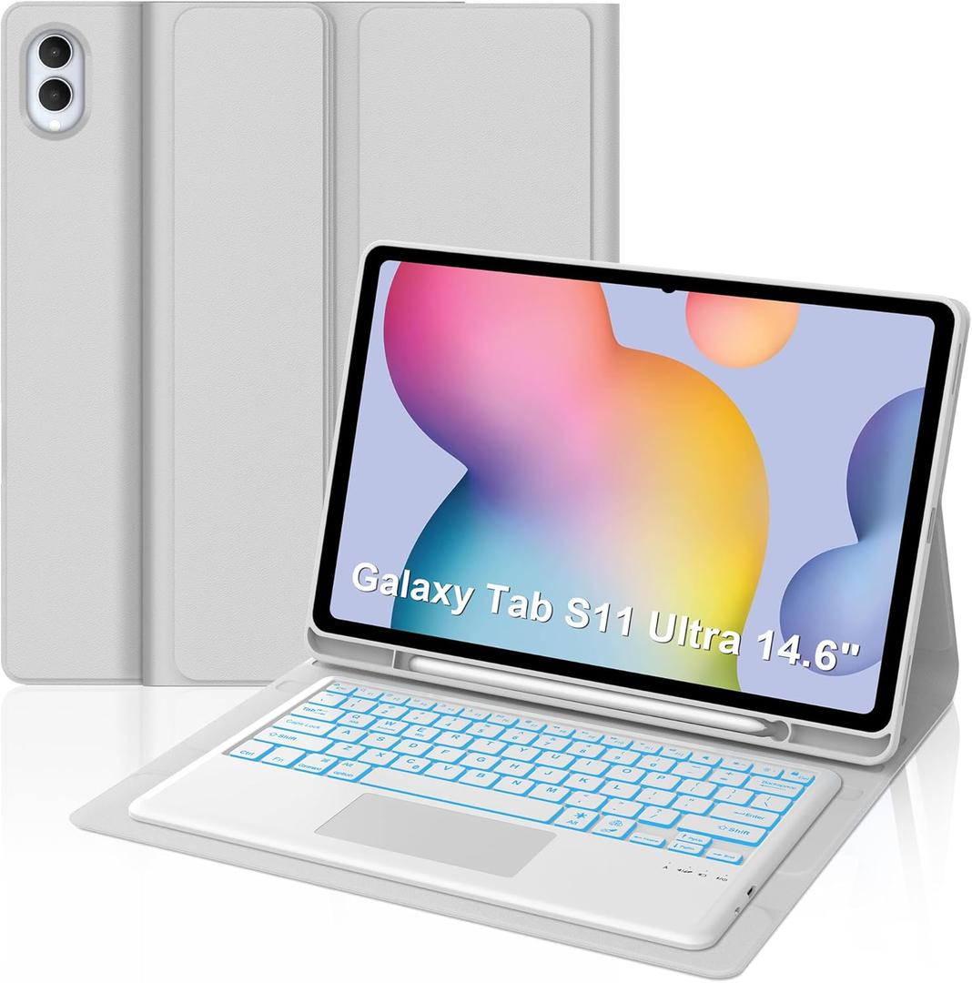 for Samsung Galaxy Tab S11 Ultra 14.6 inch Keyboard Case, 7 Colors Backlit, Multi-Gesture Smart Touchpad, Detachable Bluetooth Wireless Trackpad Keyboard Slim PU Stand Cover with Pencil Holder, Gray