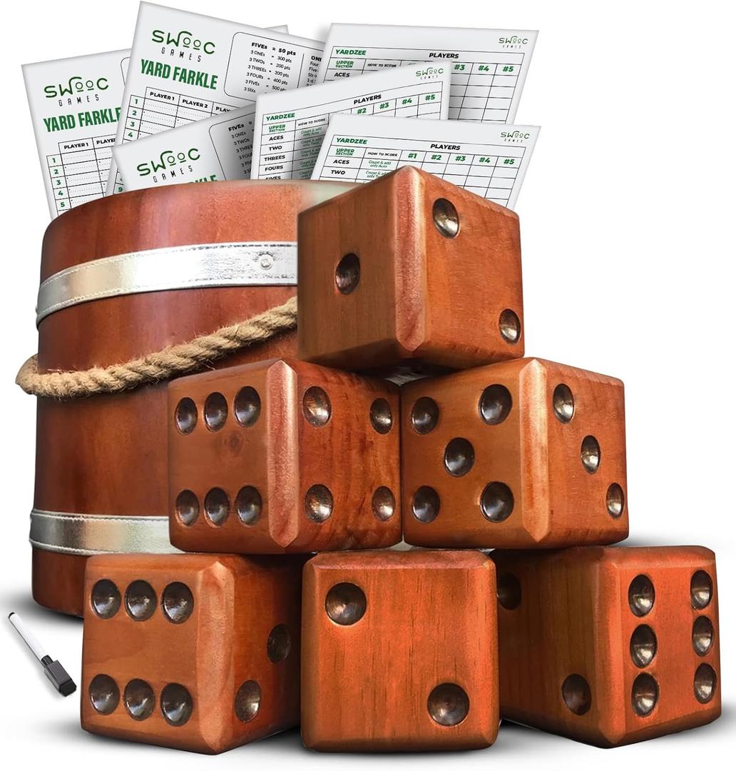 Swooc Games - Yardzee, Farkle, & 20+ Giant Dice Games (All Weather) with Wood Bucket, 5 Scorecards, & Marker - Yard Dice Outdoor Game for Family - Giant Backyard Game Set - Outside Jumbo Lawn Fun