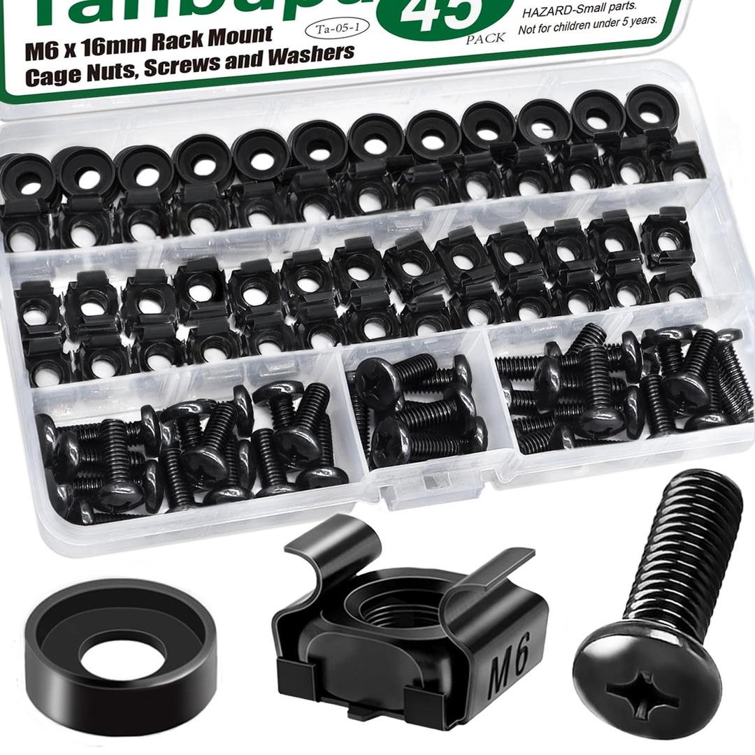 45PACK M6 x 16mm Rack Mount Cage Nuts, Screws, Washers, Black Server Rack Screws and Square Insert Nuts for Rack Mount Server Cabinet, Shelves, Enclosures, Routers