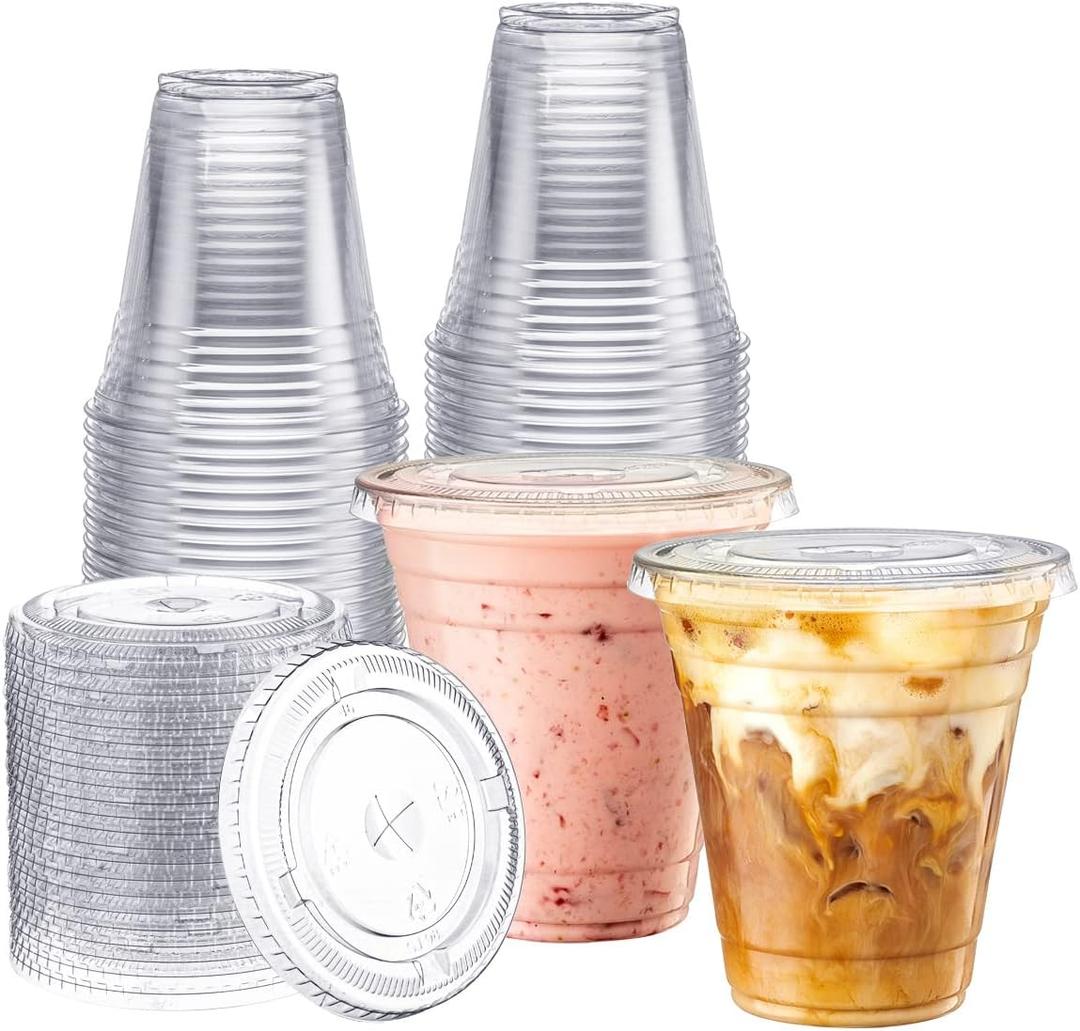 Zeml [100 Sets 12 oz. Plastic Cups With Lids, Smoothie Cups, Milkshake Cups