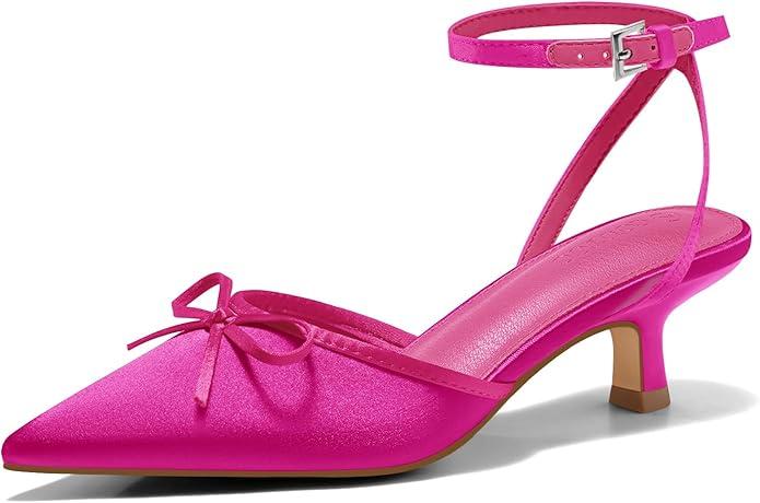 Coutgo Satin Kitten Low Heels with Bow Closed Pointed Toe Short Pumps Dress Wedding Party Shoes, Hot Pink, Size 6.5