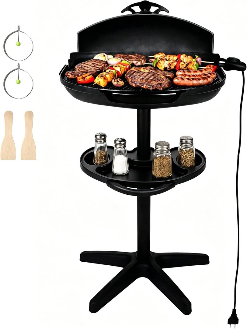 Portable Electric Grill with Removable Stand, 1500W Indoor & Outdoor BBQ, Non-Stick Baking Pan & Intelligent Temperature Control for Backyard, Balcony, Camping and Party, Gray