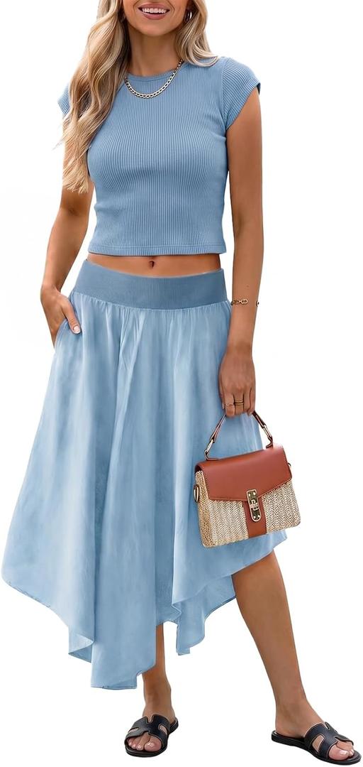 Tankaneo Womens 2 Piece Skirt Set Summer Casual Cap Sleeve Ribbed Crop Tops Midi Dress Vacation Outfits with Pockets