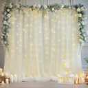 10x8ft Ivory Tulle Backdrop Curtain with Lights String for Parites, Sheer Backdrop Curtains for Wedding Baby Shower Birthday Party Photo Shoot Decorations