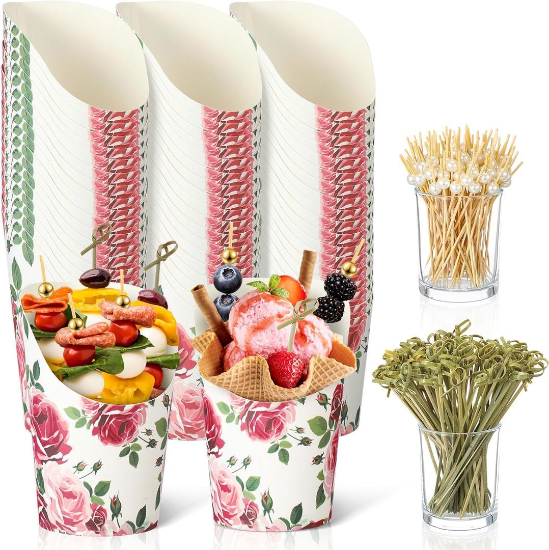 Tioncy 250 Pcs Charcuterie Cups with Cocktail Picks Sets, Bridal Shower Decoration 50 Charcuterie Cups with 200 Sticks for Wedding Baby Shower Floral Boho Witch Party Decorations(Rosy,Blossoms)