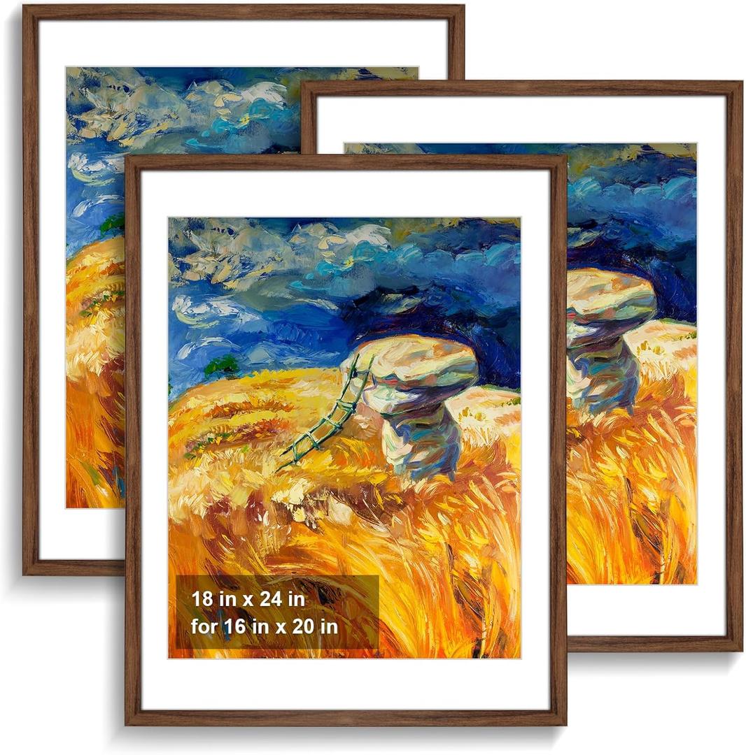 Rustic Walnut 18x24 Frame - Set of 3, 18 x 24 Poster Frame with Mat for 16x20, Picture Frames for Artwork, Puzzles, Photos and Movie Posters (18" x 24" / 16" x 20" mat)