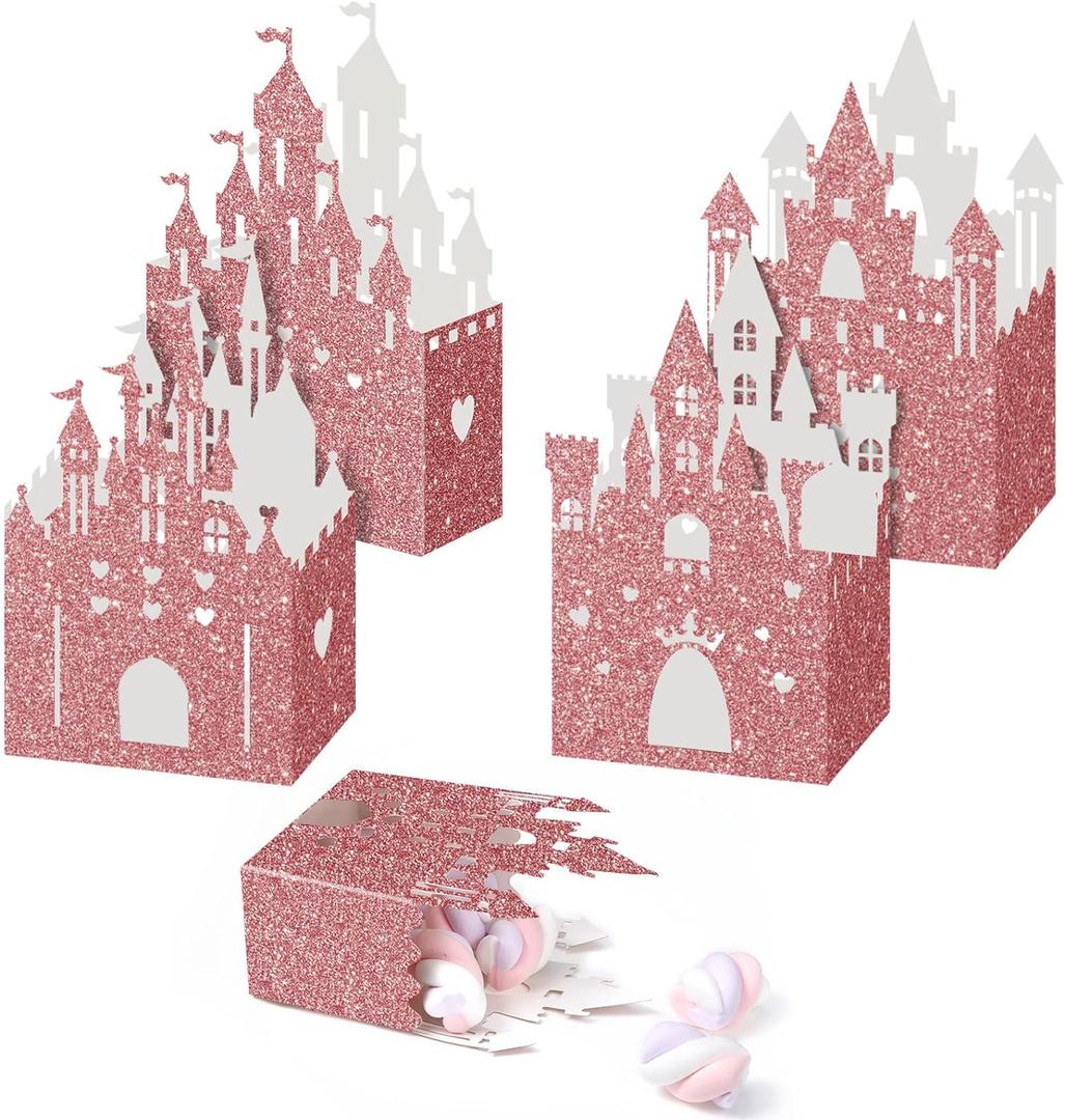 24 Pieces Princess Castle Candy Boxes Glitter Princess Castle Party Decorations Birthday Favor Boxes for Wedding Birthday Party Supplies(Rose Gold)