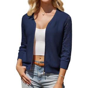 GRACE KARIN Womens Lightweight Summer Cardigan 3/4 Sleeve Cropped Cardigan Dressy Zip Up Sweaters Jacket Clothes (Small, Navy Blue)