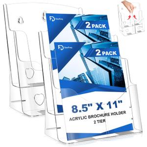 2 Pack Acrylic Brochure Holder 8.5 x 11, 2 Tier Brochure Display Stand with Removable Divider for 4 x 9 inches Trifold Pamphlets, acrylic flyer holder 8.5 x 11 Stands for Flyer, Pamphlet, Magazine