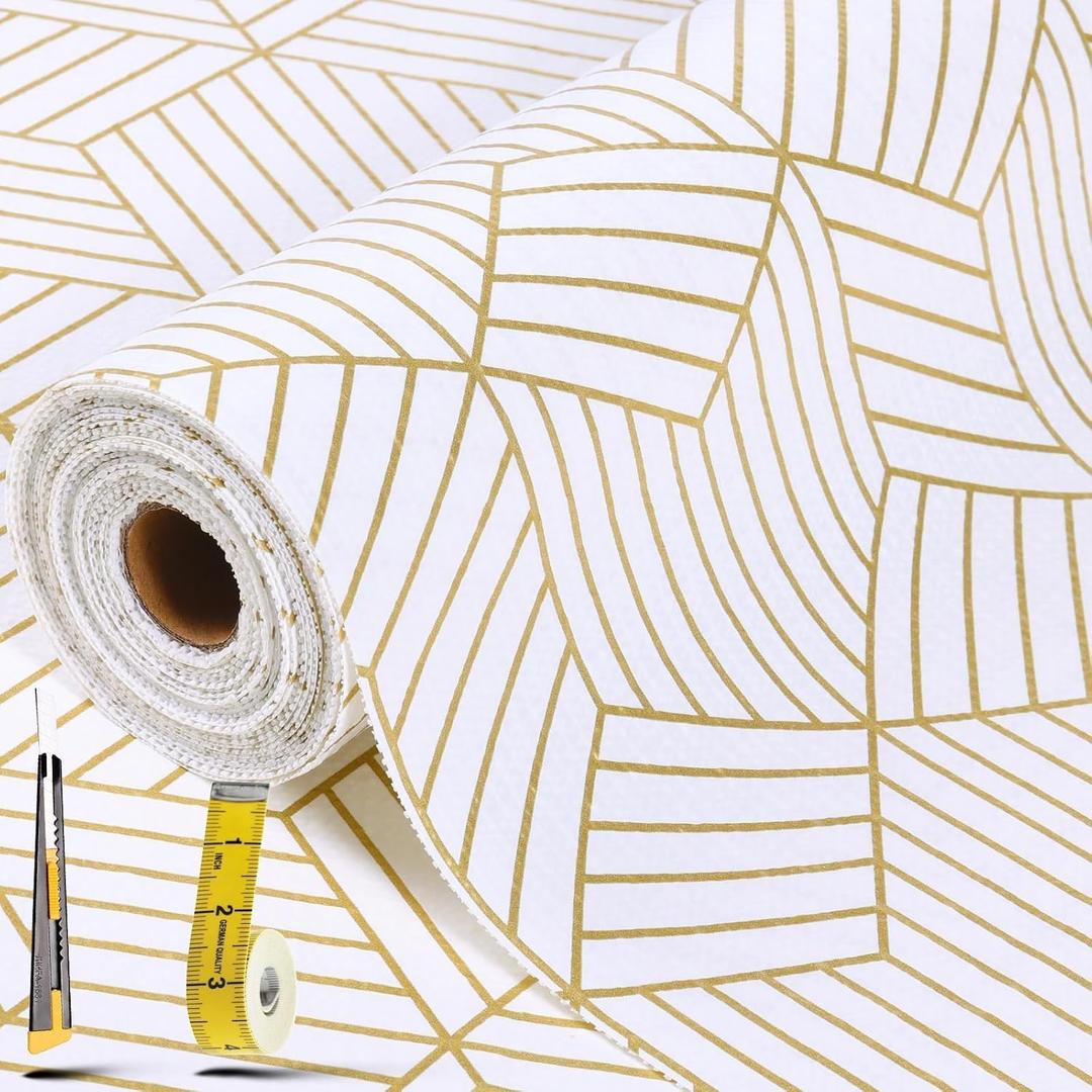 Shelf Liners for Kitchen Cabinets 12in x 20FT, Non Adhesive Cabinet Liner Strong Non-Slip Thickened Gold Geometric Drawer Liner, Easy to Clean for Shelf, Cabinet with Knife and Tape Measure, 12"W x 236.2"L