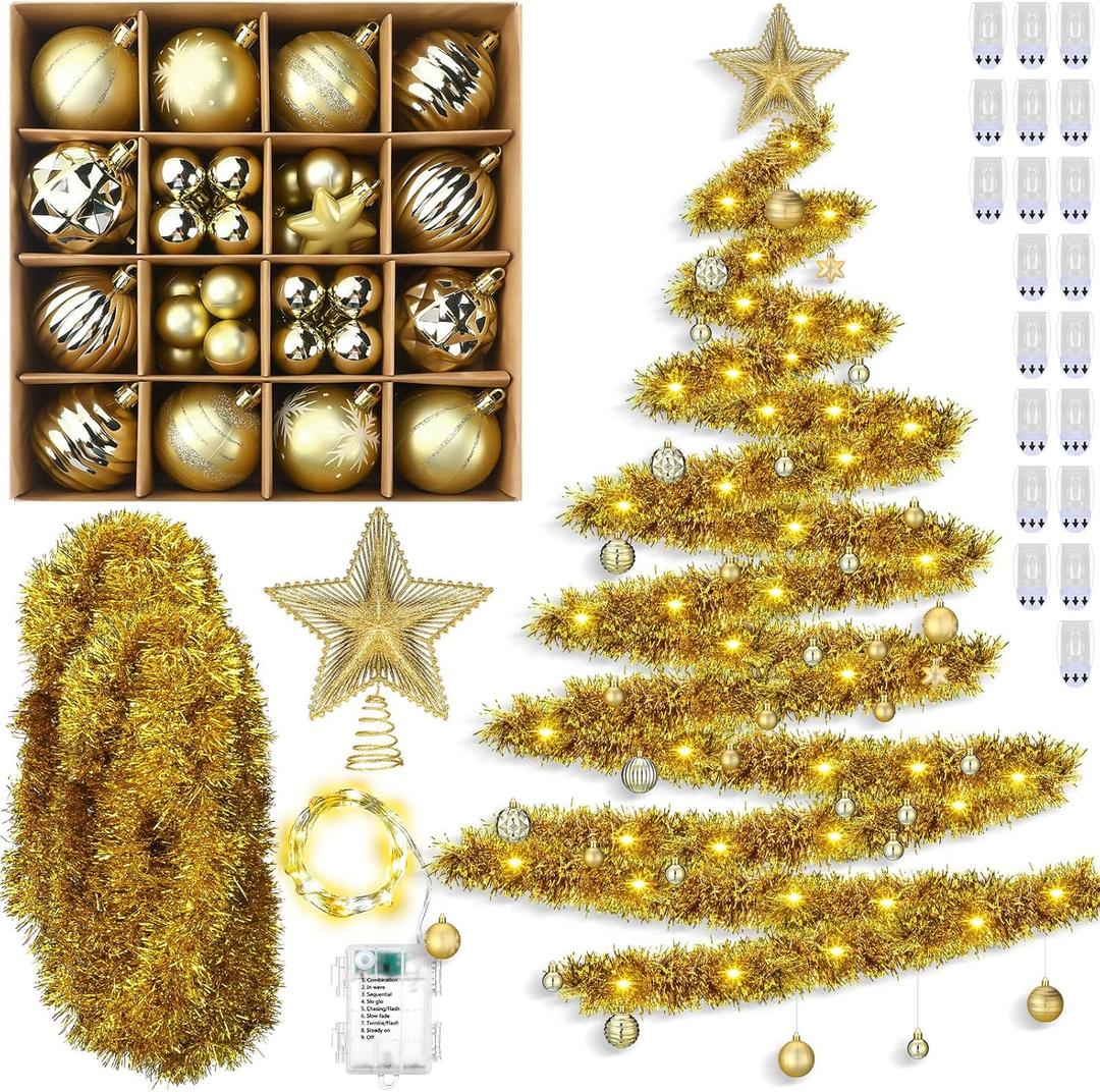 Realspring 65 Pcs DIY Wall Hanging Christmas Tree with Lights Wall Mounted Christmas Tree Include 33ft LED Lights Tinsel Garland Balls Ornaments Stars Topper Hooks for Xmas Home Decor(Gold,Classic)