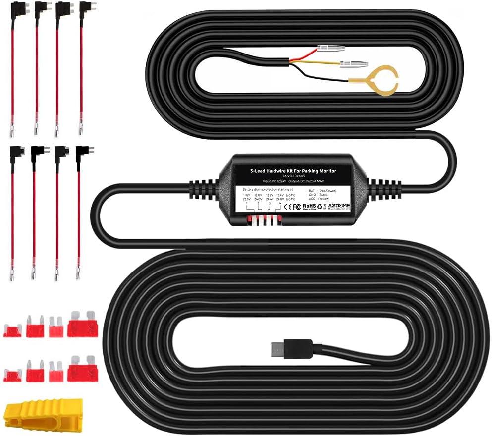 AZDOME 3-Lead Acc Hardwire Kit Type-C USB Port for M550 M01Pro PG17 GS63HPro DashCam, 12ft with Fuse Kit, Dash Camera Convert 12V-24V to Output 5V/2.5A Max, 24H Parking Mode, Low Voltage Protection