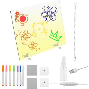 LED Note Board with Colors, 15.75''X11.81'' 4 Modes & 7 Colors Acrylic Dry Erase Board with Light Include Adapter, Hanging Chain, Led Note Message Drawing Boards