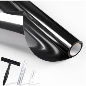 rabbitgoo One Way Window Privacy Film with Kit Window Tint for Home UV Heat Blocking Static Cling Sun Blocker Light Darkening Reflective Mirror Covering See Out Not in 17.5 in X 6.5 Feet Black Silver