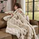 Lotus Karen Faux Fur Throw Blanket Linen - 800 GSM Bubble Rabbit Fluff Blanket for Couch Bed Sofa,Softest Fluffy Fuzzy Cozy Blanket,Thick Furry Plush Shaggy Warm Blankets for Women,90x90 Inches, Queen