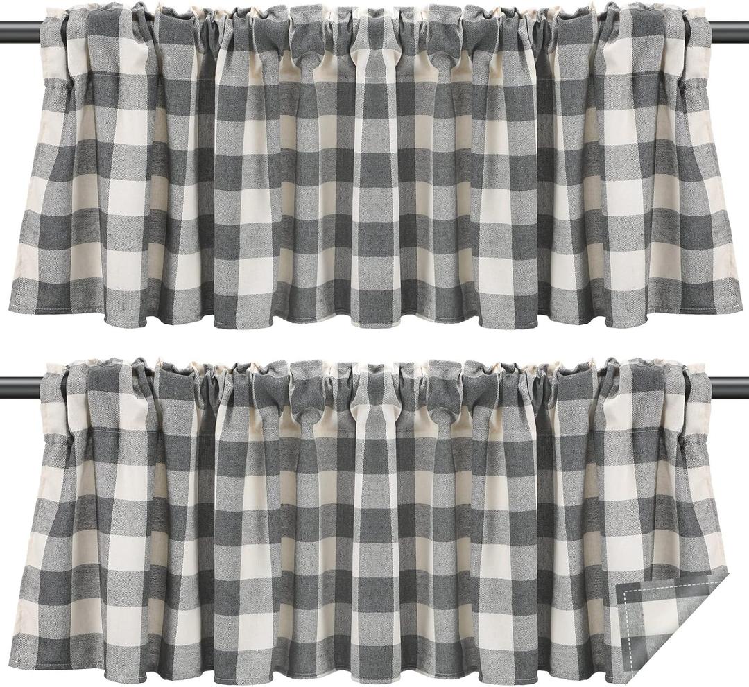Tatuo Buffalo Plaid Curtains Buffalo Window Valances Farmhouse Design Window Decor Rod Pocket Valances for Kitchen, Bathroom, Living Room, 16 x 56 Inch (Grey-White, 2 Pieces)