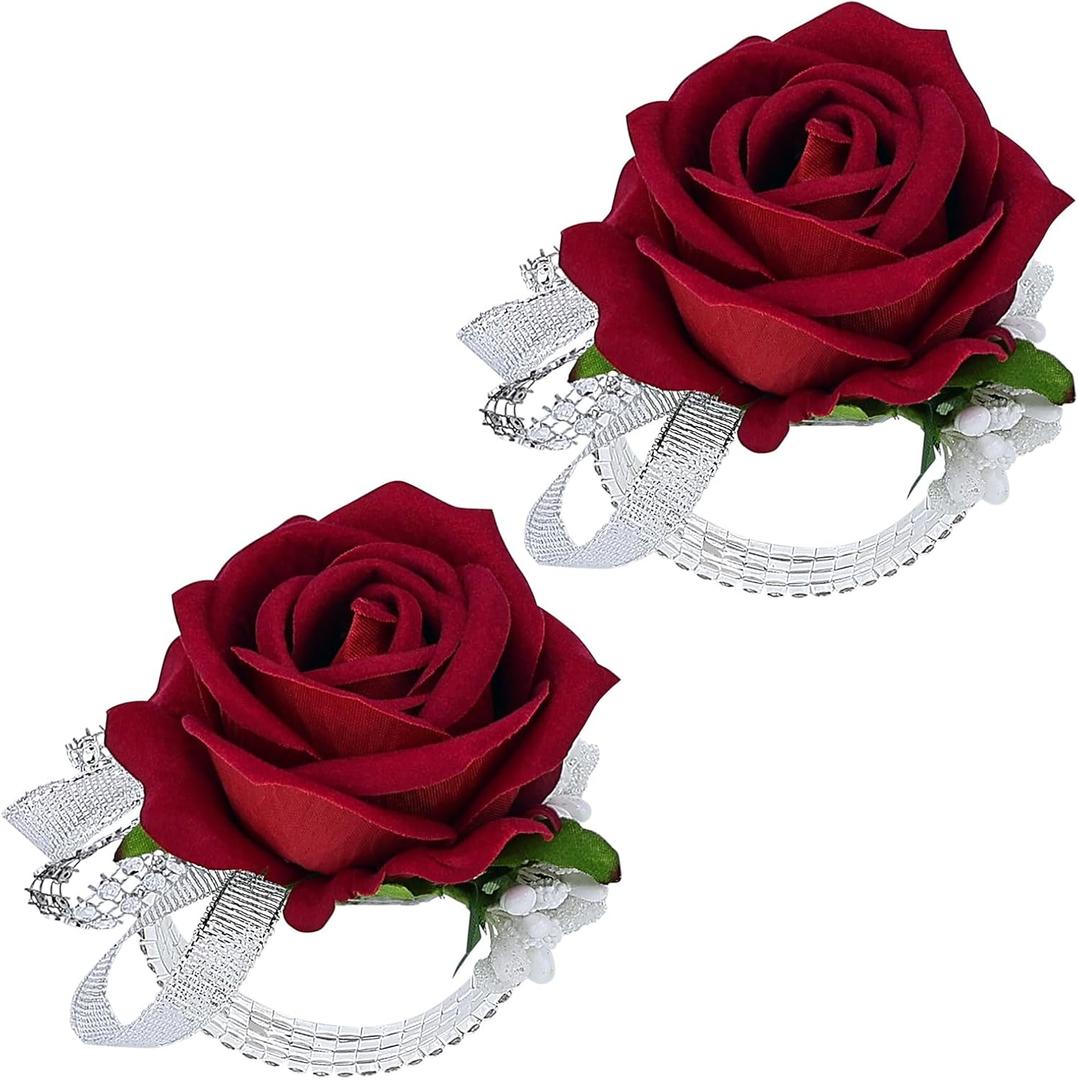 Vkkperp Set of 6 Wrist Corsage Wristlet for Wedding Prom Women Bride Bridesmaid Artificial Rose Flower Decorations Homecoming Anniversary Party (Red)