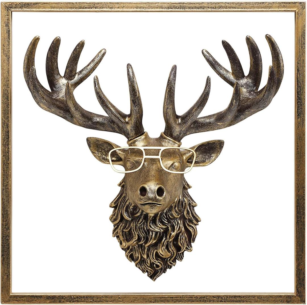 JJALIGHTS Animal Heads Wall Decor Resin Animals Sculptures Head Wall Hanging Decoration Imitation Copper vintage Wall Sculpture for Living Room Bedroom Office(Deer,Include Metal Frames)