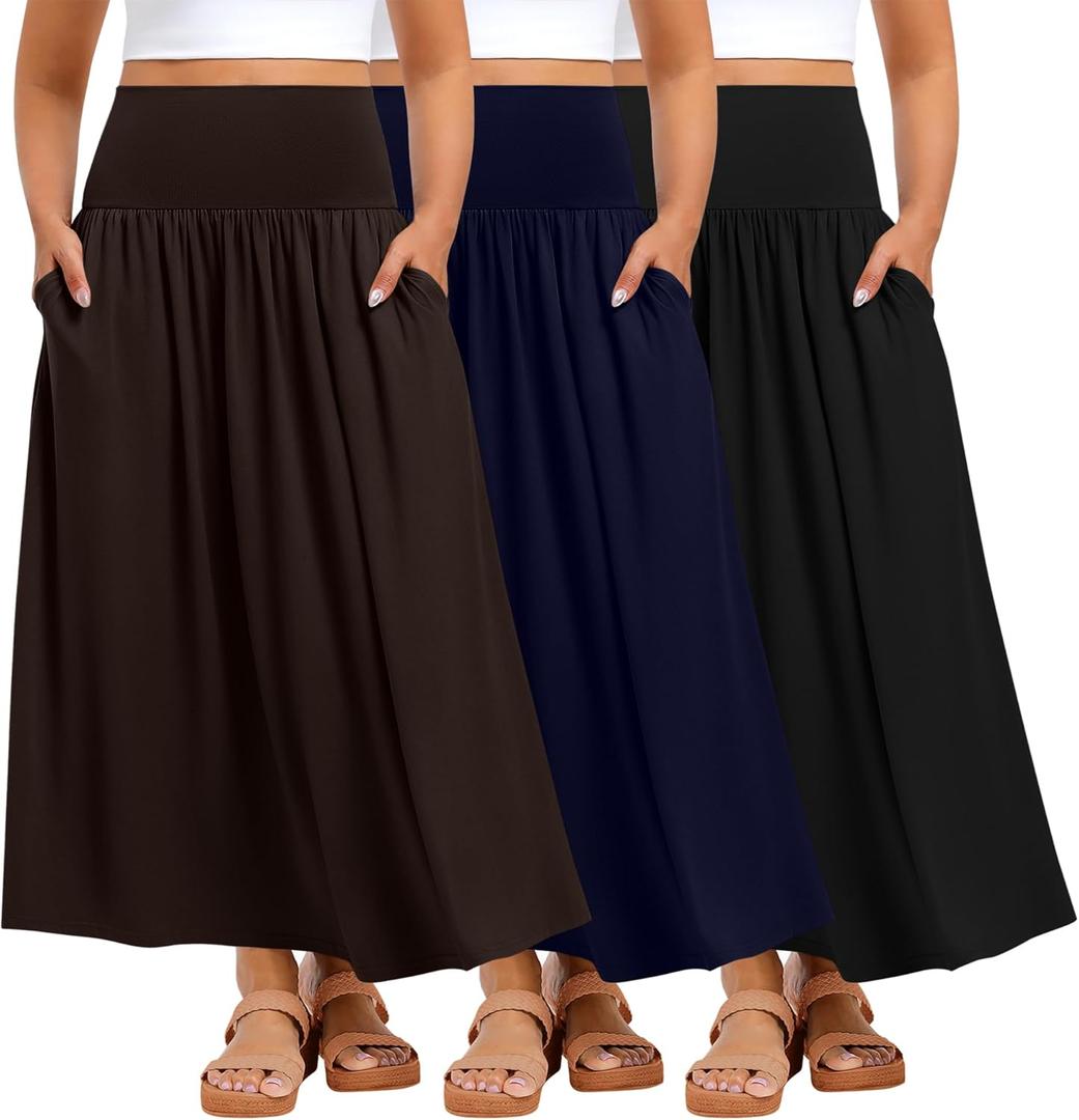 Ficerd 3 Pack Plus Size Maxi Long Skirts for Curvy Women, Ankle Length a Line Pleated High Waisted Summer Skirts with Pocket 5XL