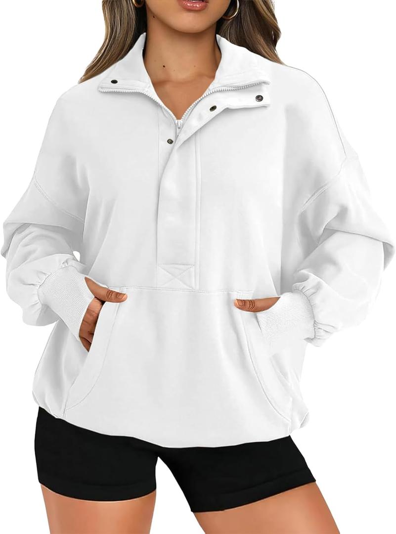 Sweatshirt for Women Long Sleeve Button Henley Neck Pullover Tops 3/4 Zip Up Stand Collar Fall Fashion Outfits (Medium, White)