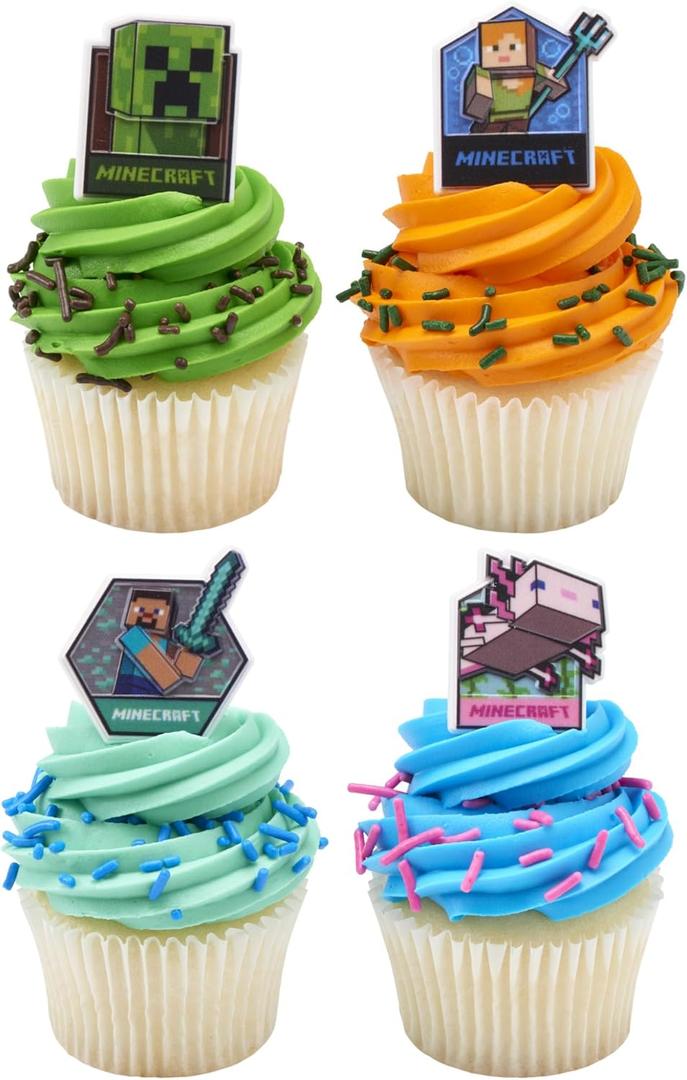 DecoPac Minecraft Lush Finds Rings, Cupcake Decorations Featuring Creeper, Alex, Steve and Axolotl! Multicolored 3D Food Safe Cake Toppers  24 Pack