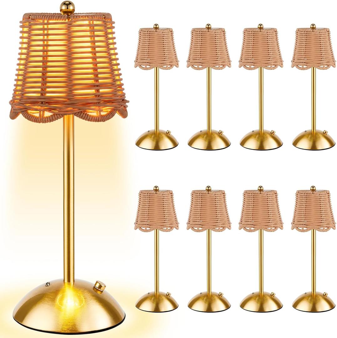 8 Pcs Cordless Table Lamp Rechargeable Touch Lamp Gold Woven
Alloy & Woven Rattan, 4.9x11.8 Inch, 1800mAh Battery, USB Cable Included, 3olor Touch Dimming, Boho Farmhouse Decor, Bedroom