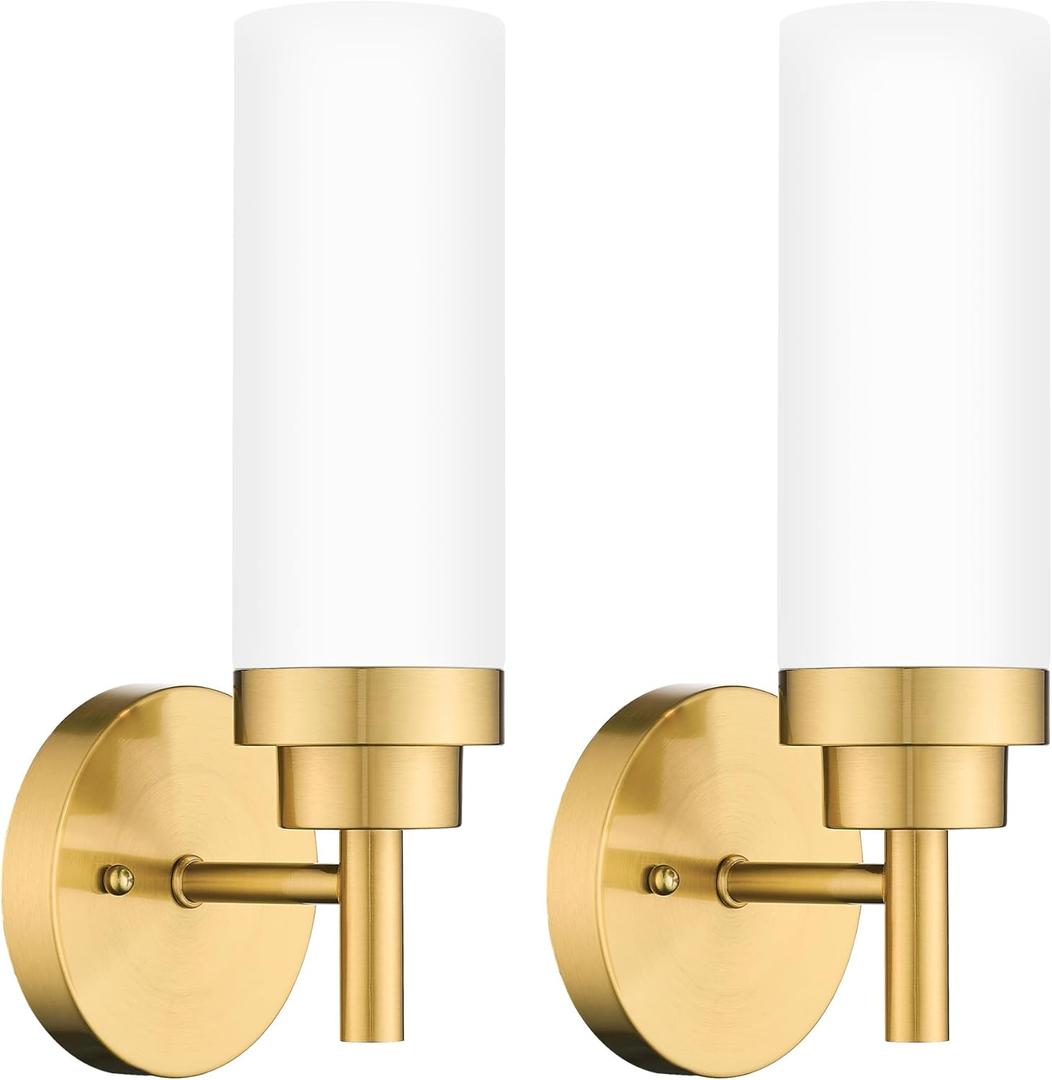 Emak Wall Sconces Set of 2, Modern Brushed Gold Bathroom Vanity Sconce Wall Lighting with Milk Glass Shade for Bathroom, Bedroom, Living Room, Hallway, WS085-BGD-ML-2PK (13 inch - 2PC)