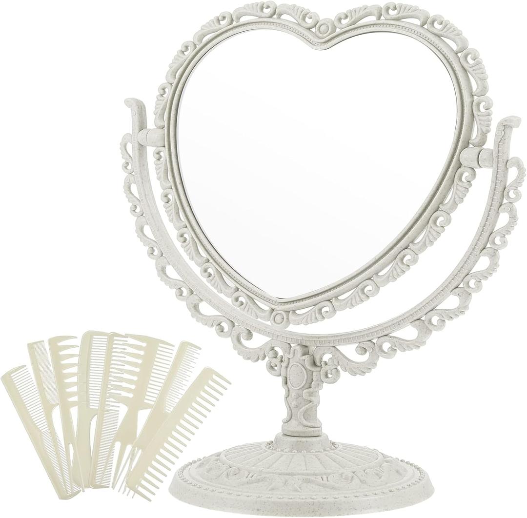 CHENGU Heart Shaped Mirror 8 Pieces Hair Styling Combs Double Sided Rotatable Dresser Heart Mirror Makeup Gifts for Girls Gift Vanity Tabletop (Creamy White)