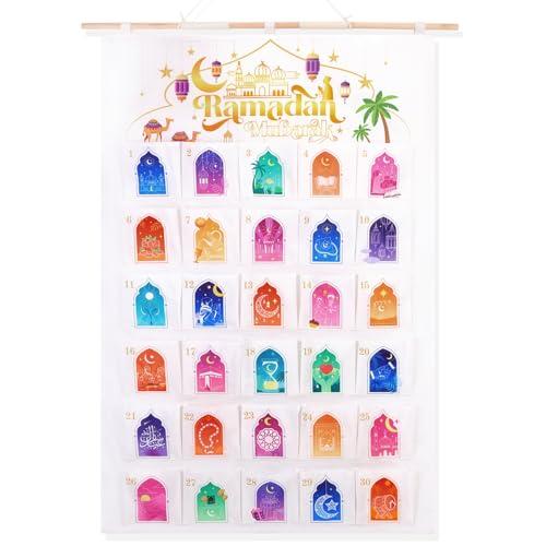 HOWAF Ramadan Countdown Calendar with 30 Colorful Windows - Beige Fabric Advent Calendar with Islamic Architecture Design, Eid Gift for Kids Family, Muslim Ramadan Decor 2026, 30 Days Moon Phase Pocket Chart