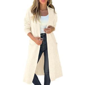 Saodimallsu Womens Long Cardigan Sweaters 2025 Oversized Open Front Checkerked Sweater Trendy Knit Jacket with Pockets (Beige, L)