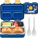 Small Bento Box for Toddlers & Snacks – 3-Compartment with Leak-Proof Lid, Spoon & Stainless Steel Tray – 20 x 15 x 6.8 cm BPA-Free, Dishwasher Safe - Fun Space Design for School & Travel (Blue)