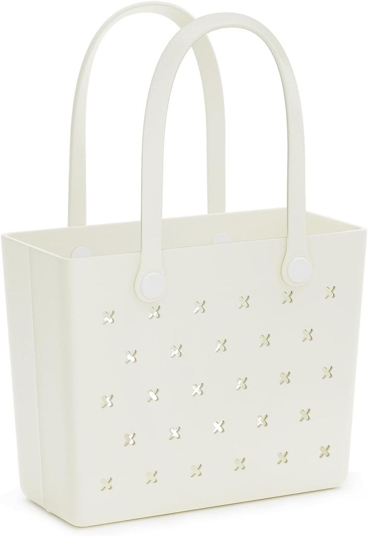 GEAVESS Rubber Beach Bag Tote - 15in L x 6.69in W x 11.9in H - Lightweight, Washable, Sandproof, Durable - Large EVA Tote Bag for Travel, Beach, Pool, Boat, Sports, Shopping, Off White