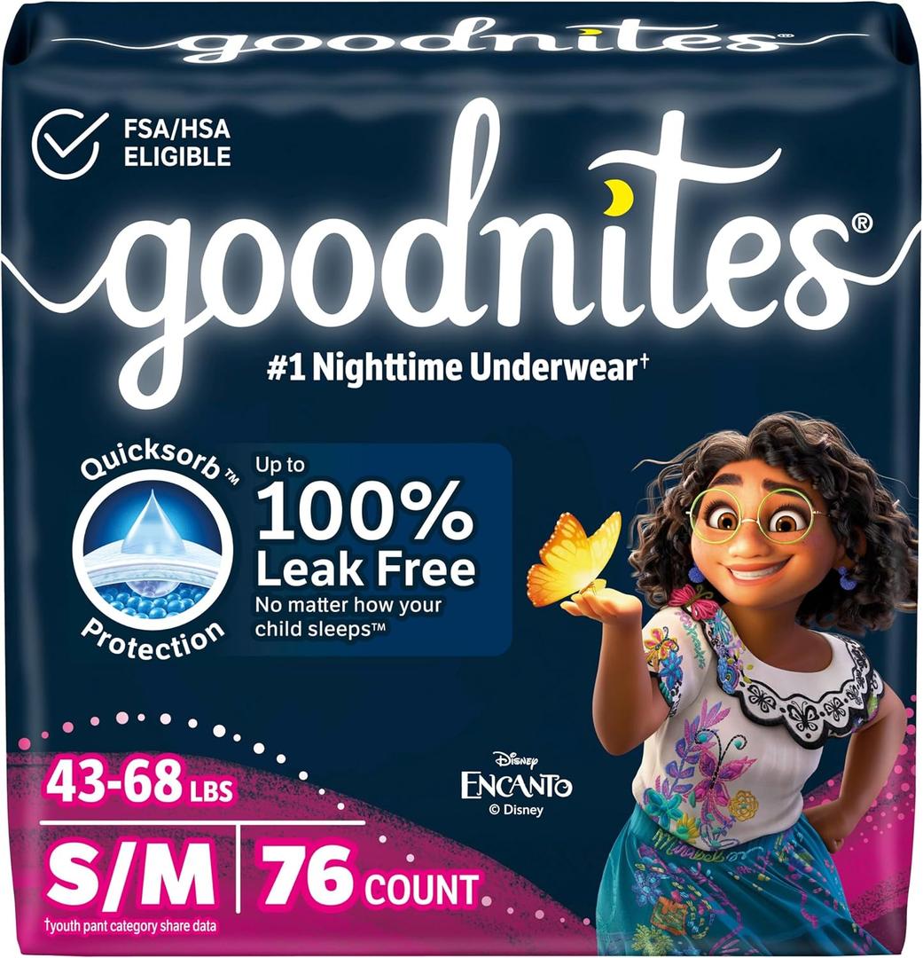 Goodnites Girls' Bedwetting Underwear, Size S/M (43-68 lbs), 76 Ct (2 Packs of 38)  Goodnites Girls' Bedwetting Underwear, Size S/M (43-68 lbs), 76 Ct (2 Packs of 38)