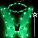 quescu 3pcs Light up Fairy Wings for Adults,LED Butterfly Wings for Girls,Angel Wings Halloween Costume Dress Up for Kids (Green)