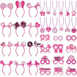 Herdear 36 Pcs Breast Cancer Awareness Accessories Pink Ribbon Felt Headband Eyeglasses Beaded Necklaces Breast Cancer Party Favors for Charity Event Survivor Campaign Party Photo Props Supplies